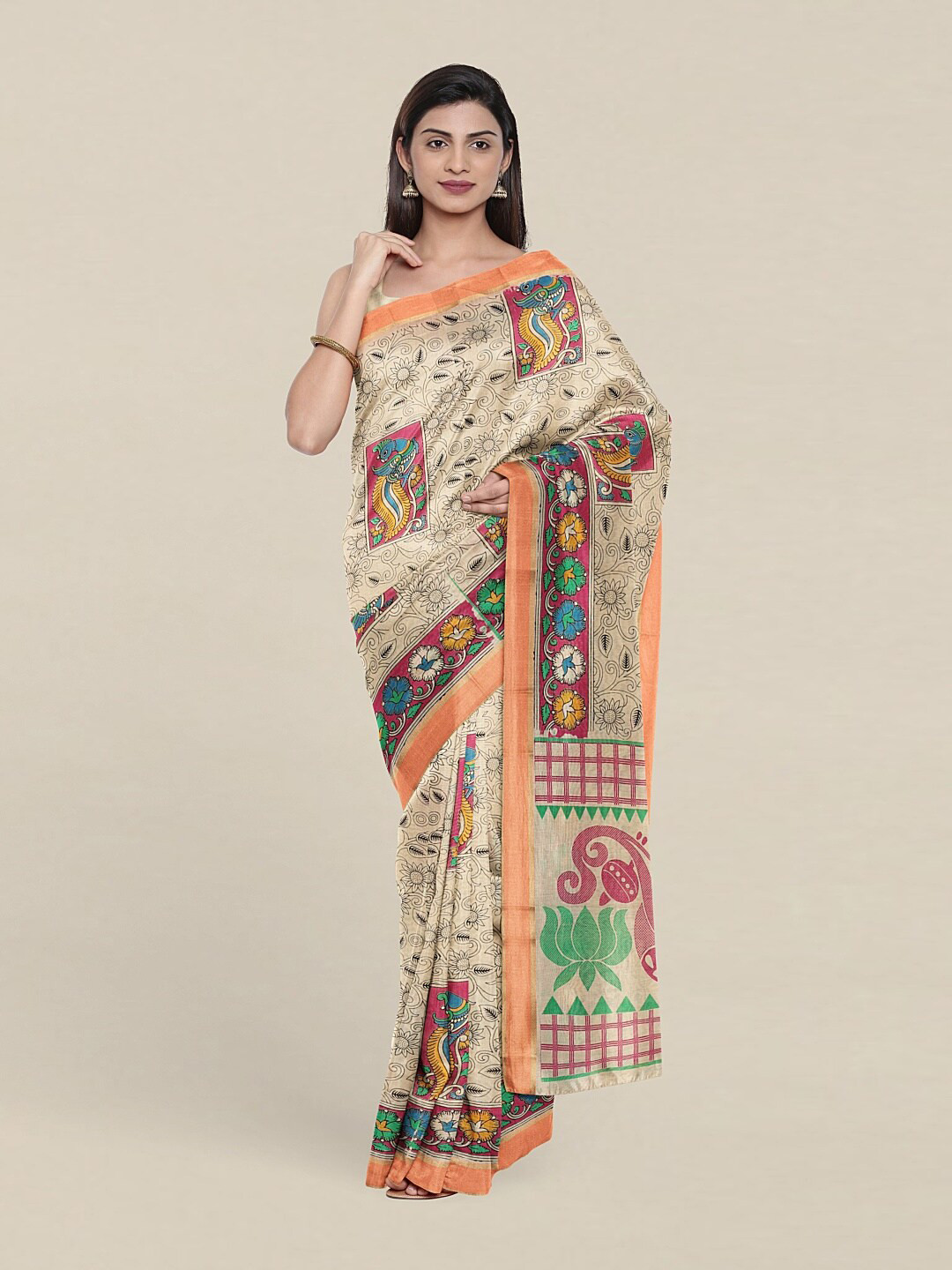 

Pothys Cream-Coloured & Green Floral Pure Cotton Saree
