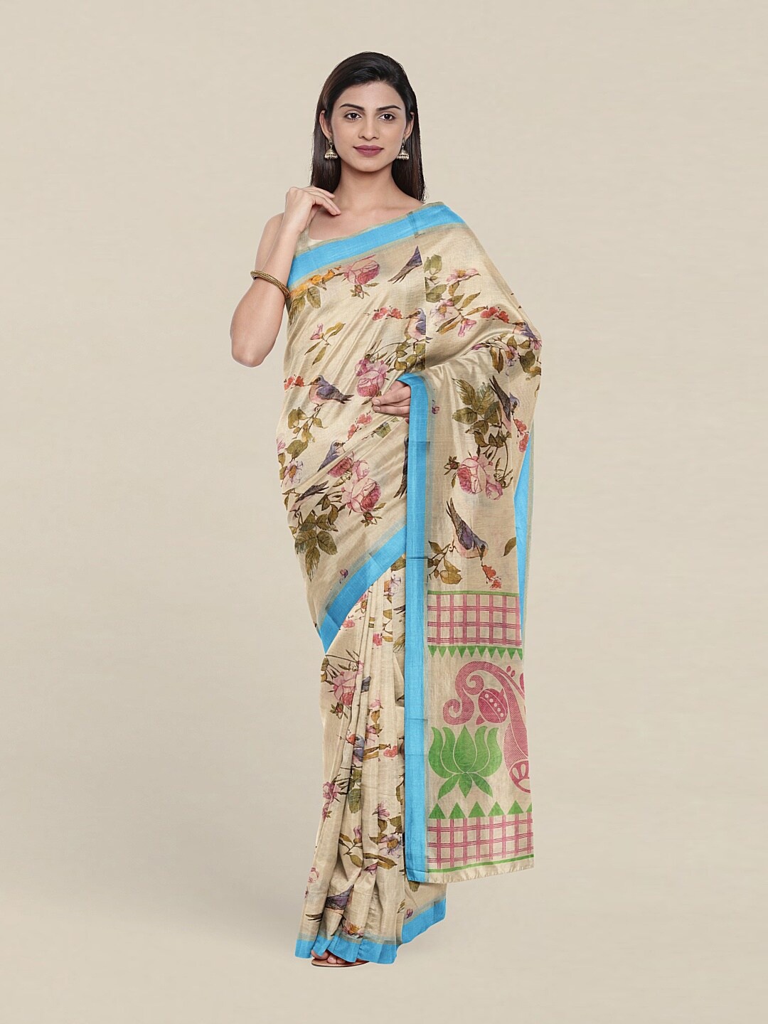 

Pothys Cream-Coloured & Pink Floral Pure Cotton Saree