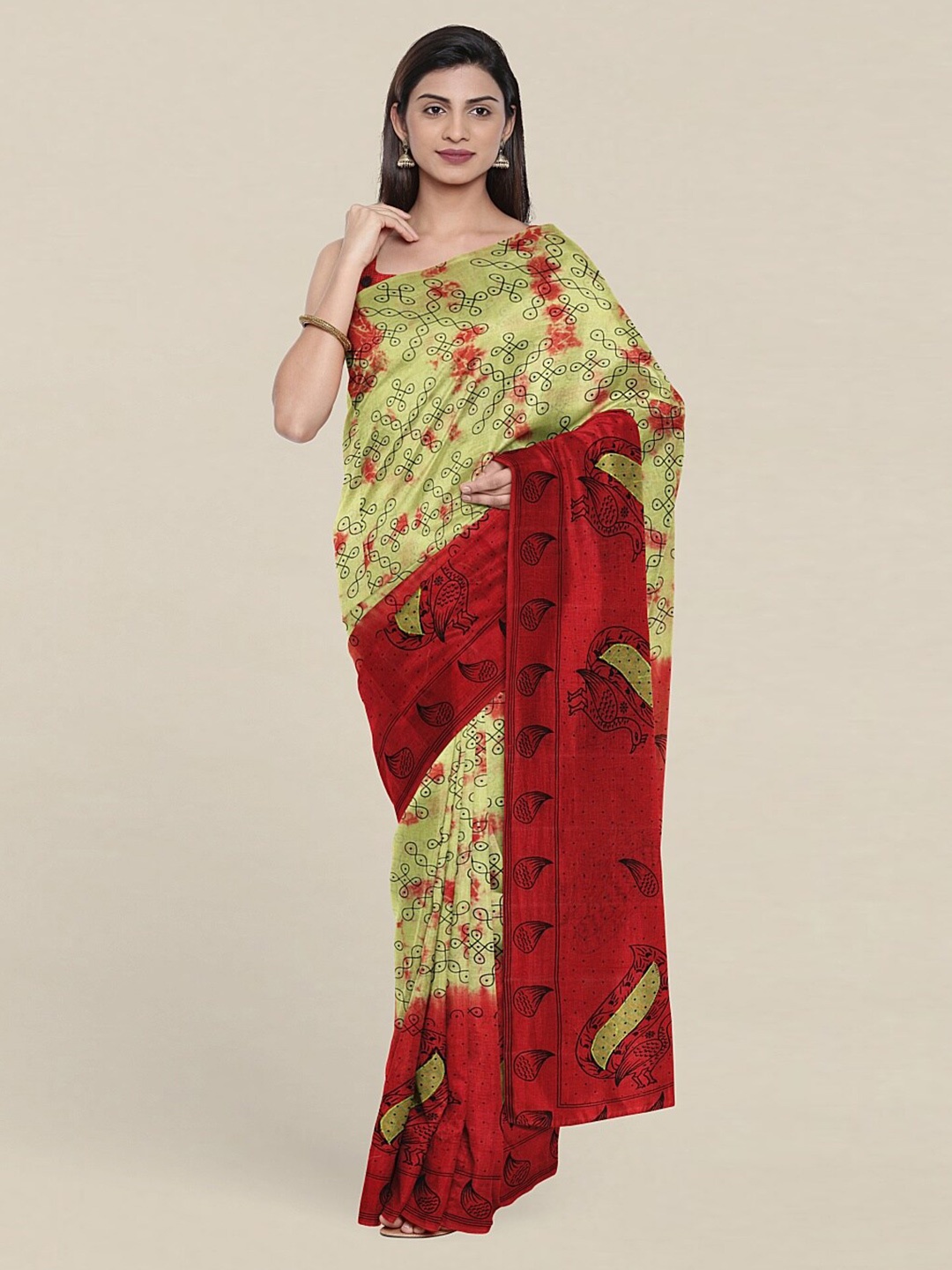 

Pothys Green & Red Ethnic Motifs Pure Cotton Saree