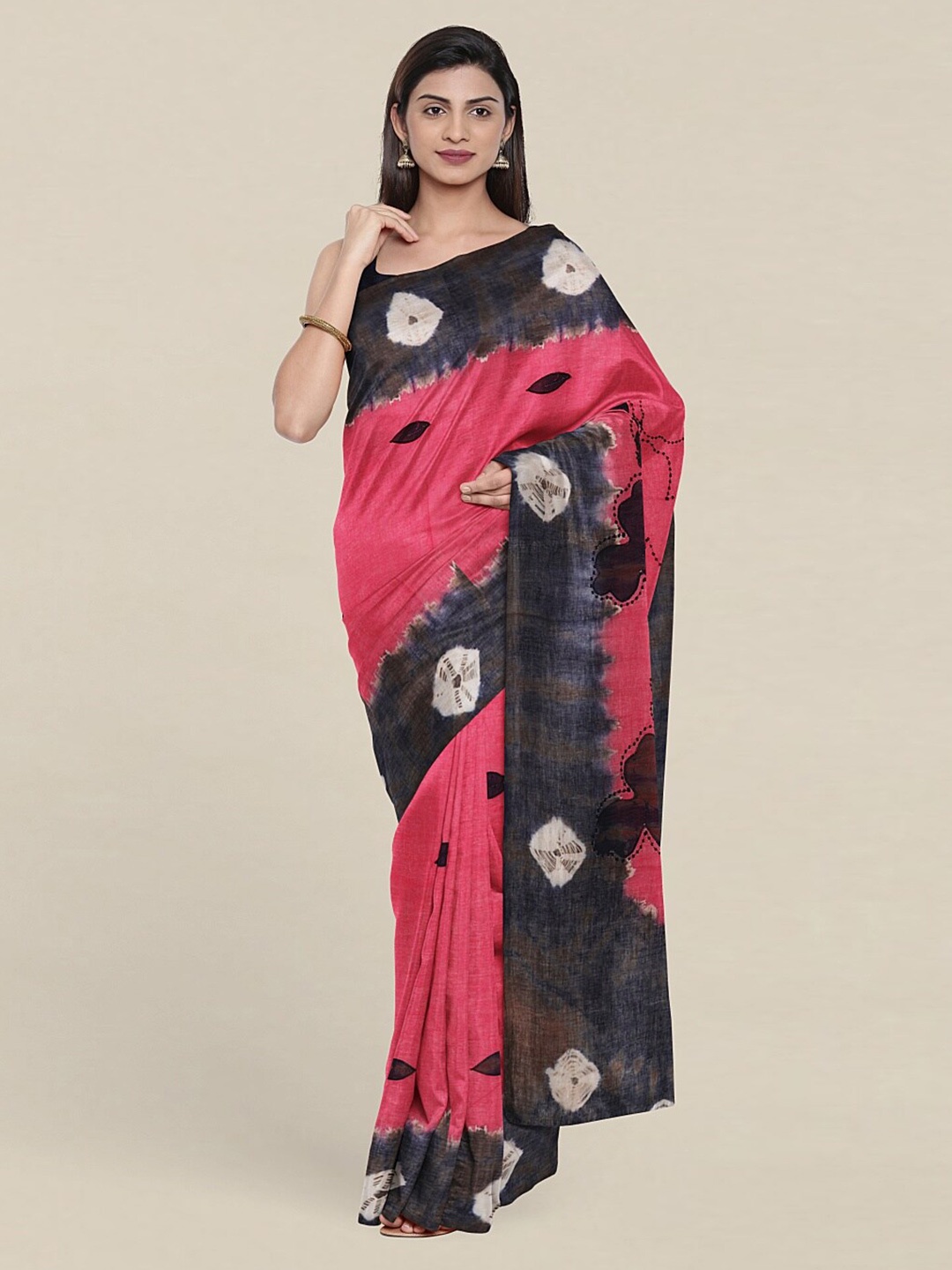 

Pothys Pink & Grey Bandhani Pure Cotton Saree