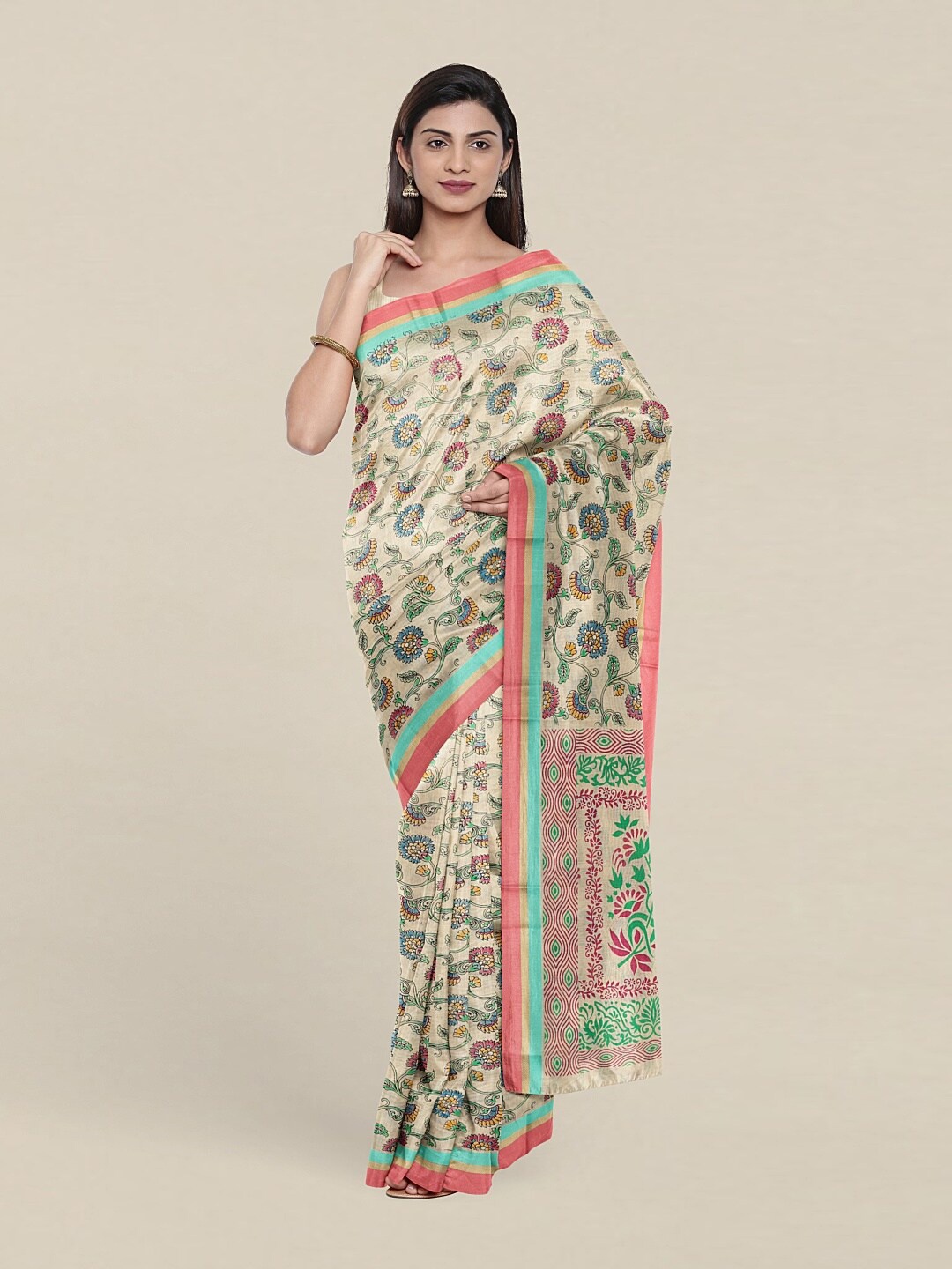 

Pothys Cream-Coloured & Green Floral Pure Cotton Saree