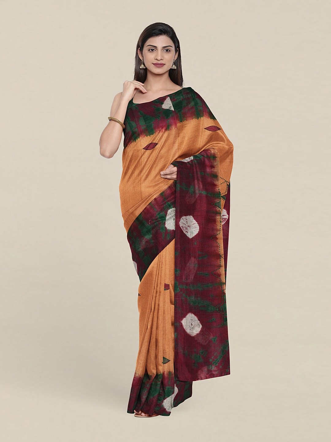 

Pothys Beige & Green Bandhani Pure Cotton Saree