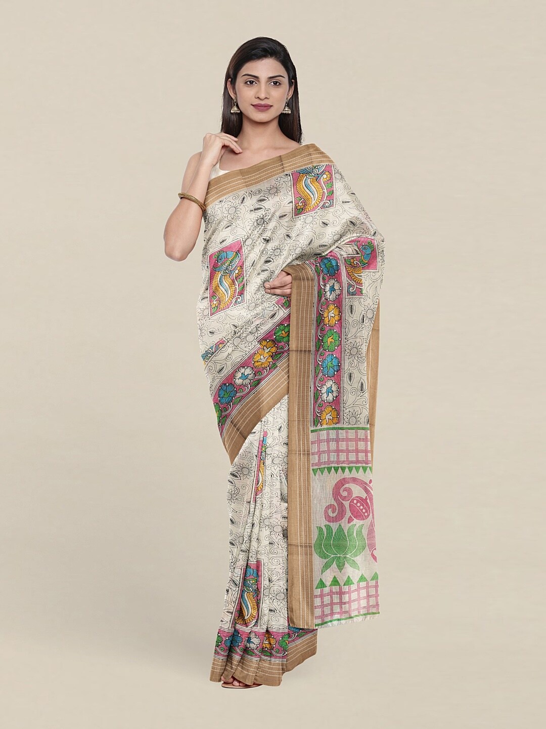 

Pothys Cream-Coloured & Pink Ethnic Motifs Pure Cotton Saree