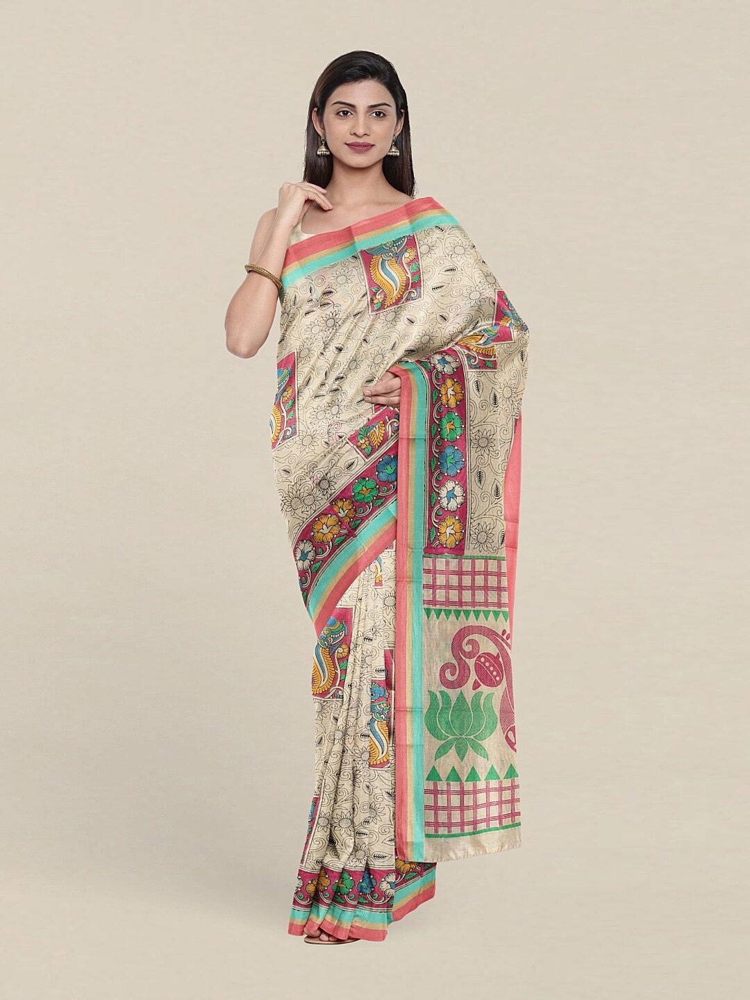 

Pothys Cream-Coloured & Green Ethnic Motifs Pure Cotton Saree