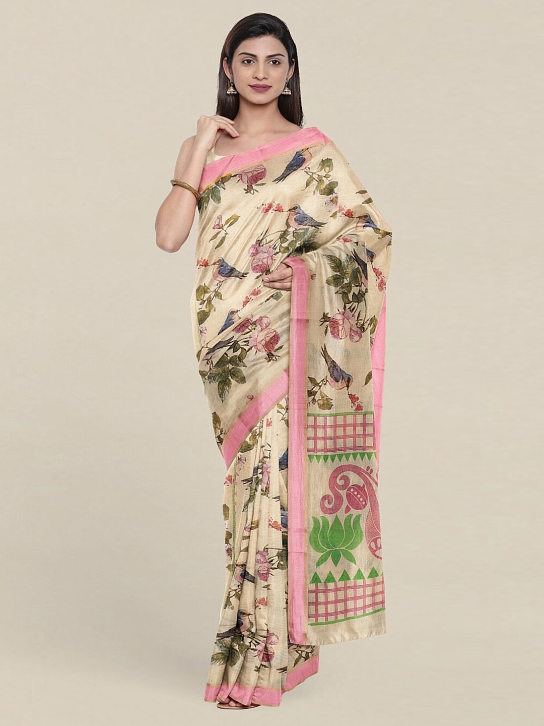 

Pothys Cream-Coloured & Green Ethnic Motifs Pure Cotton Saree