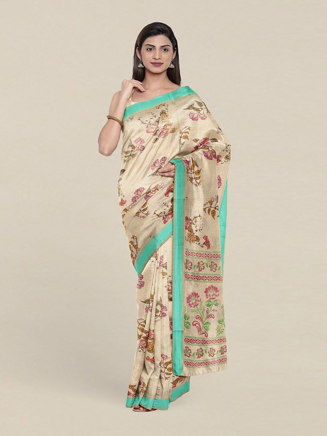 

Pothys Cream-Coloured & Green Floral Pure Cotton Saree