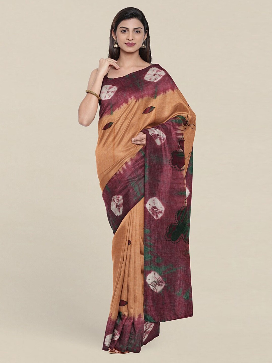 

Pothys Beige & Green Batik Pure Cotton Saree