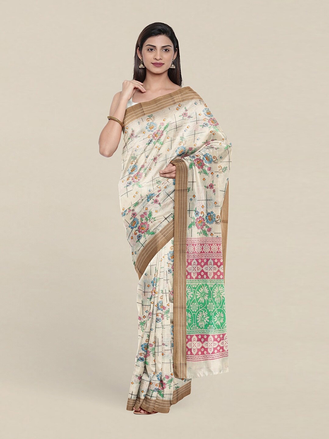 

Pothys Cream-Coloured & Green Floral Pure Cotton Saree