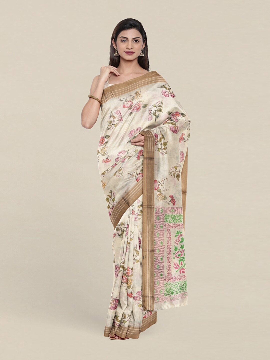 

Pothys Cream-Coloured & Green Floral Pure Cotton Saree