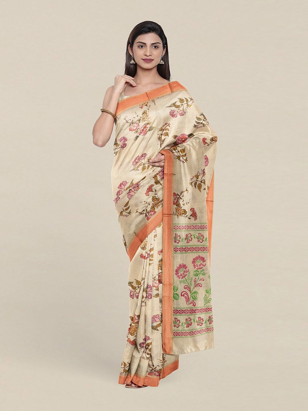 

Pothys Cream-Coloured & Pink Floral Pure Cotton Saree