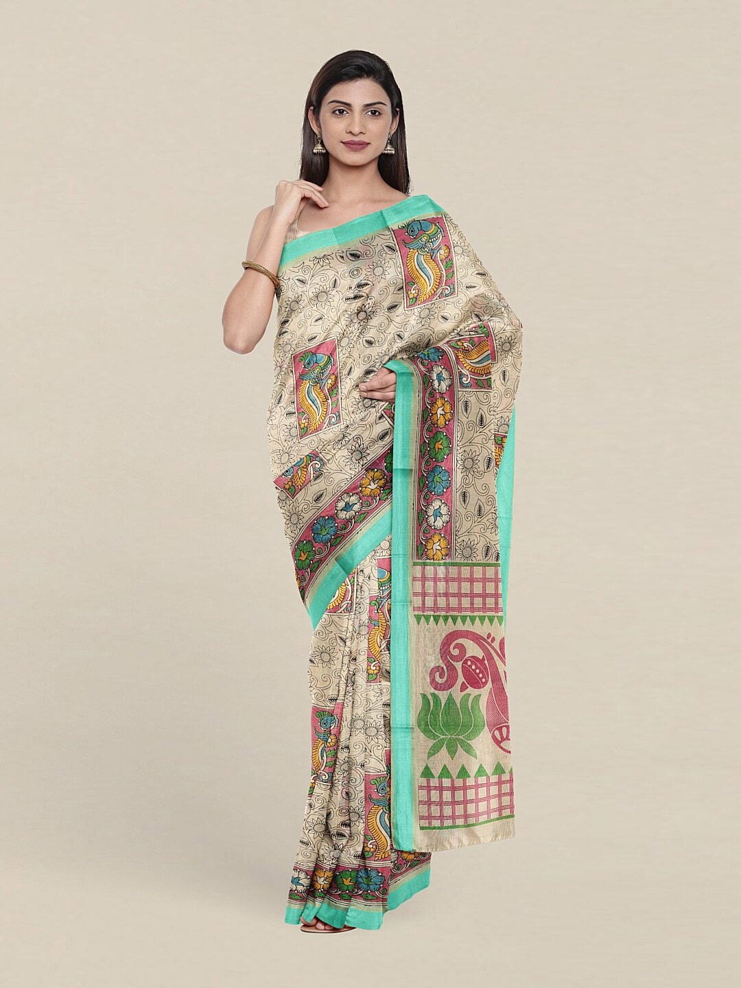

Pothys Cream-Coloured & Green Floral Pure Cotton Saree