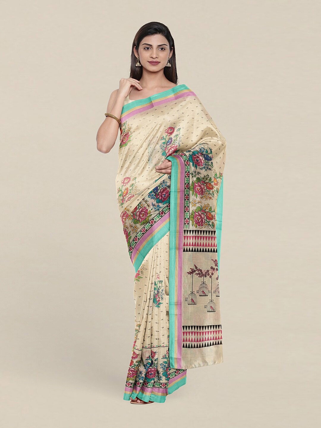 

Pothys Cream-Coloured & Pink Floral Pure Cotton Saree