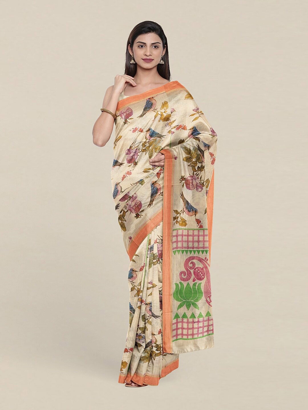 

Pothys Cream-Coloured & Green Floral Pure Cotton Saree