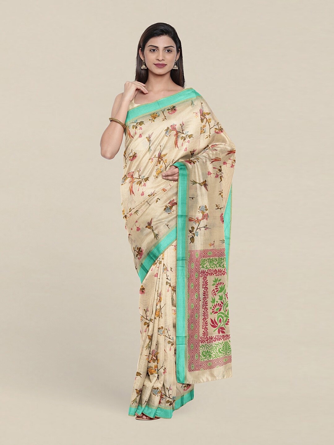 

Pothys Cream-Coloured & Green Floral Pure Cotton Saree