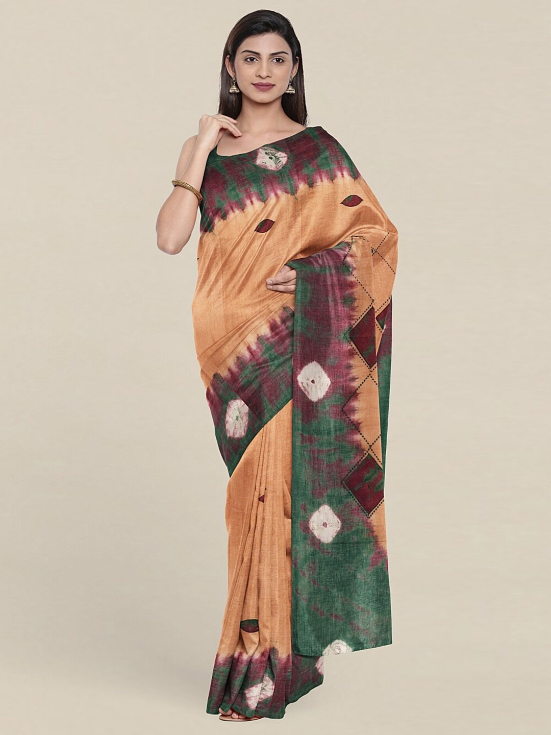 

Pothys Beige & Green Batik Pure Cotton Saree