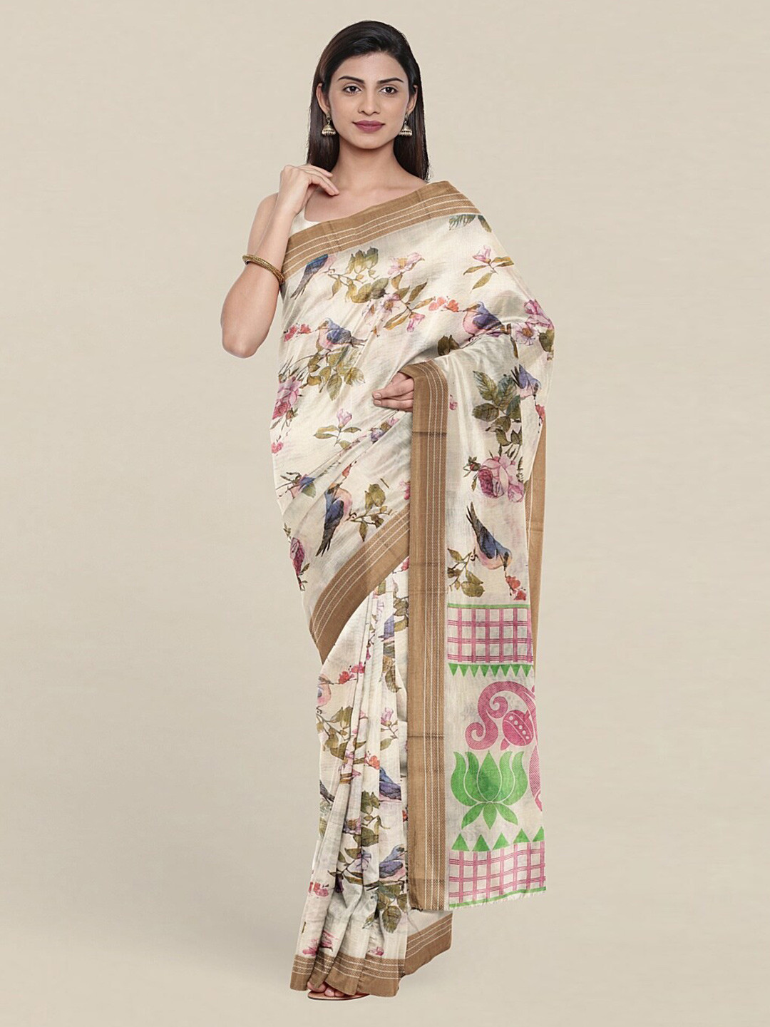 

Pothys Cream-Coloured & Green Ethnic Motifs Pure Cotton Saree