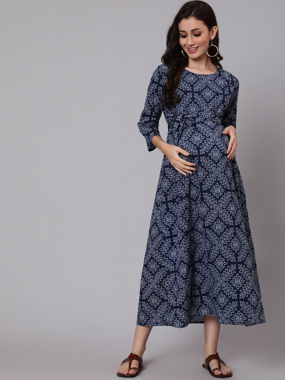 

Nayo Navy Blue & White Printed Cotton Maternity A-Line Midi Dress