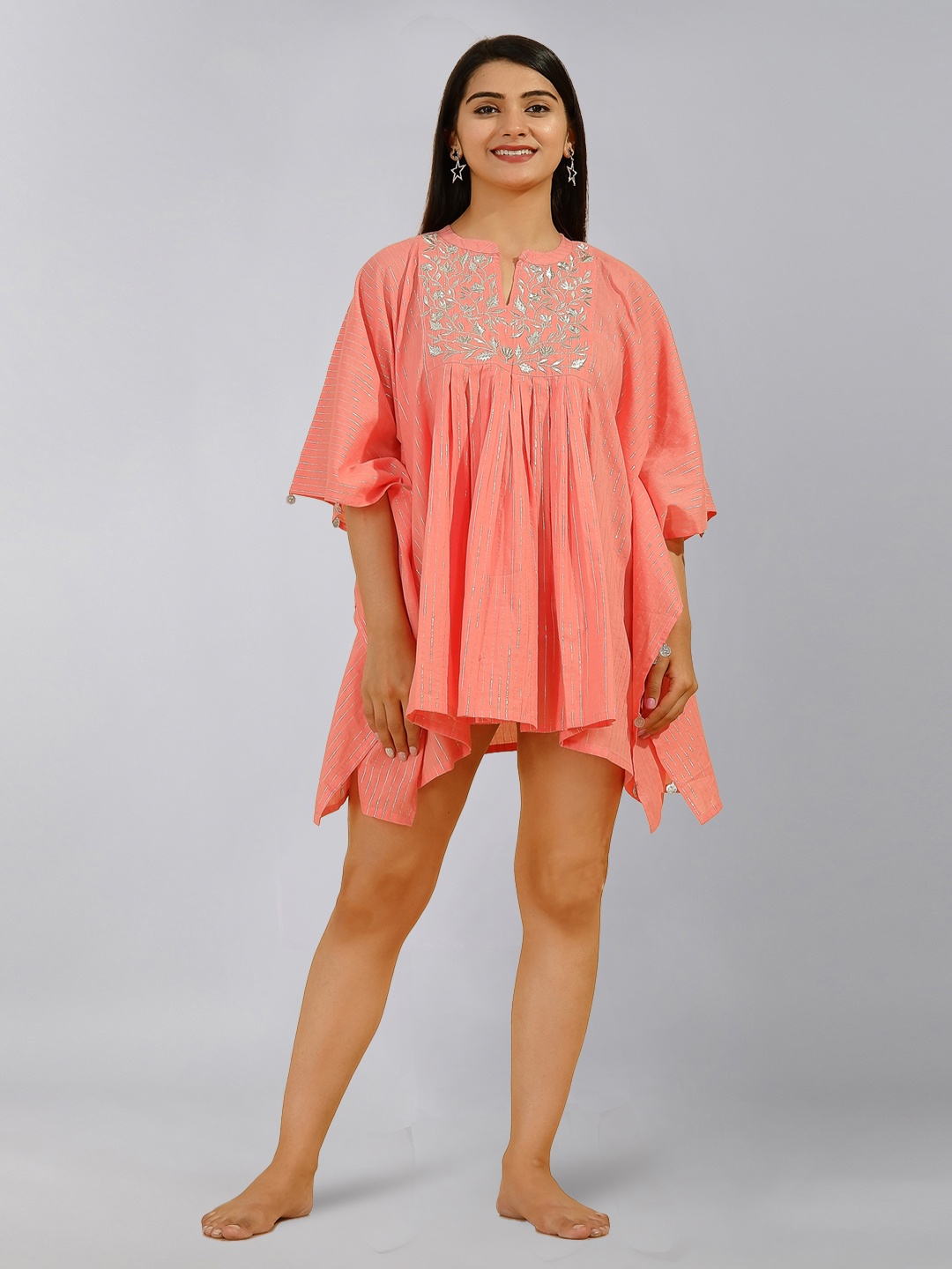 

kipek Peach-Coloured Solid Kaftan Mini Dress