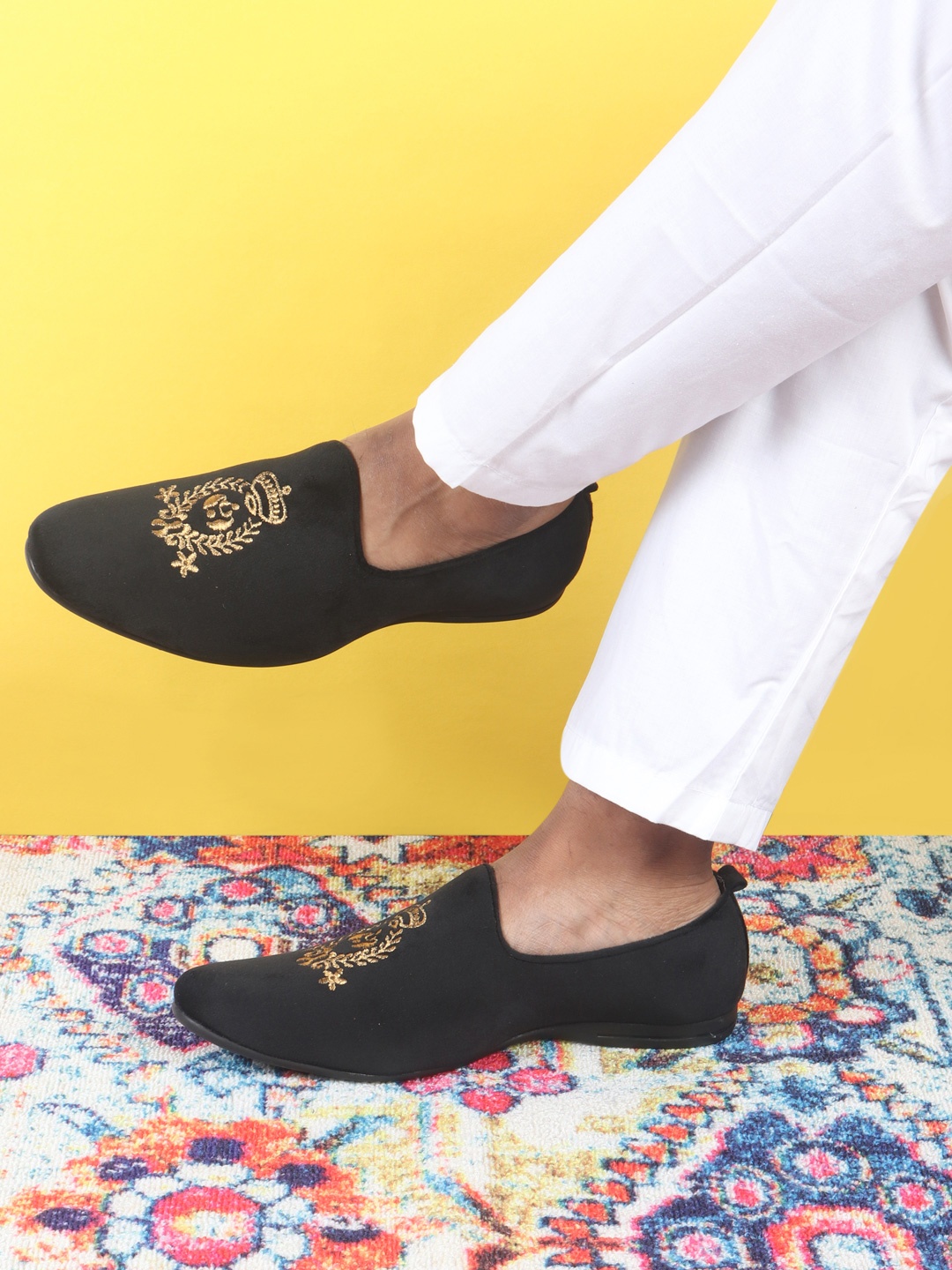 

FAUSTO Men Black Embroidered Velvet Loafers