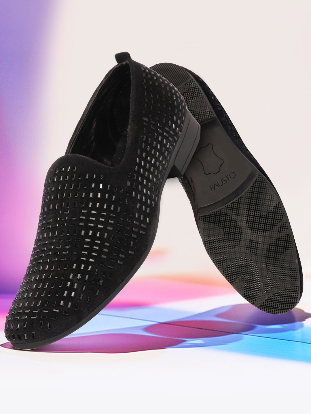 

FAUSTO Men Black Woven Design Embellished Velvet Loafer