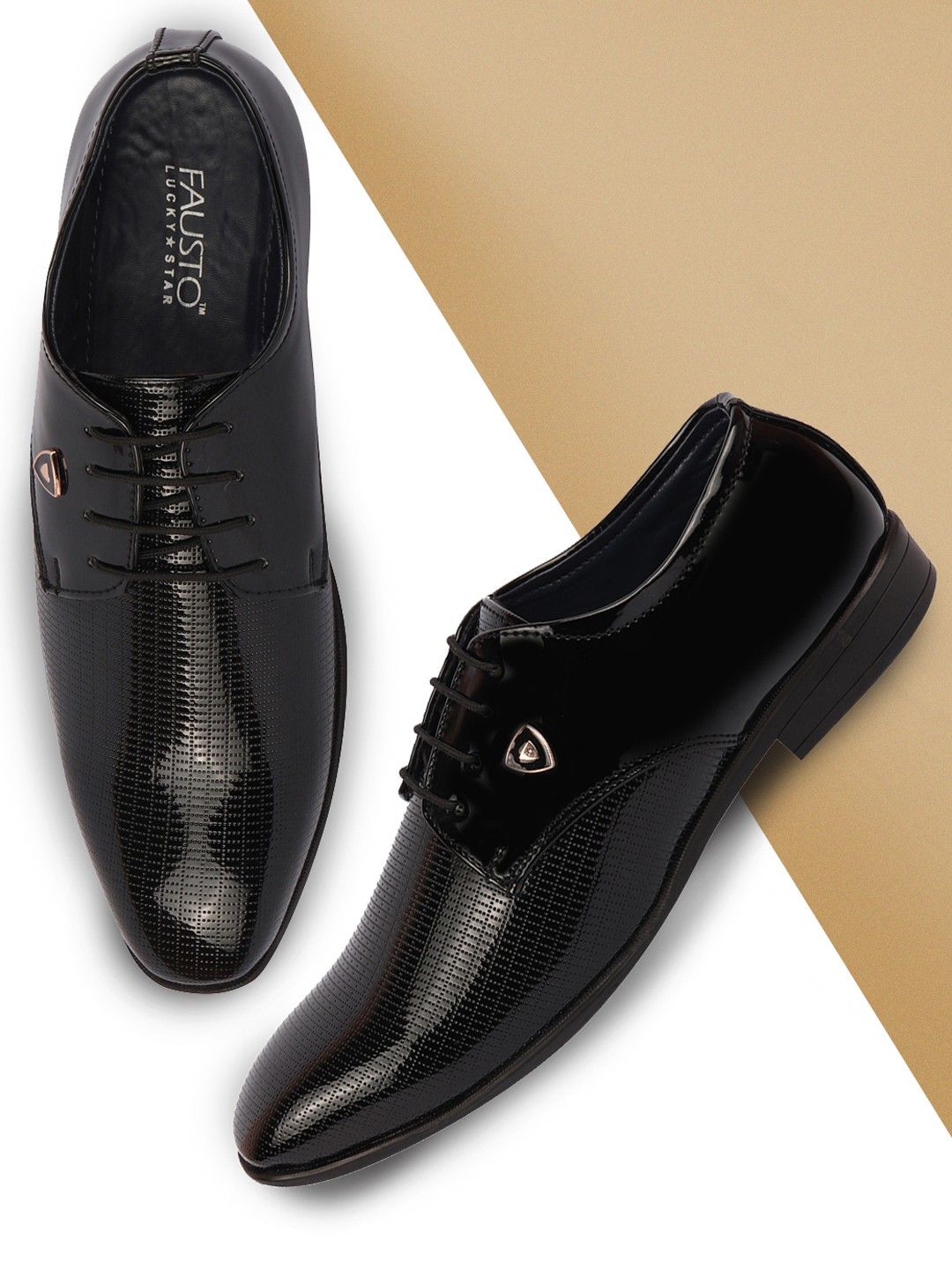 

FAUSTO Men Black Solid Leather Formal Derbys