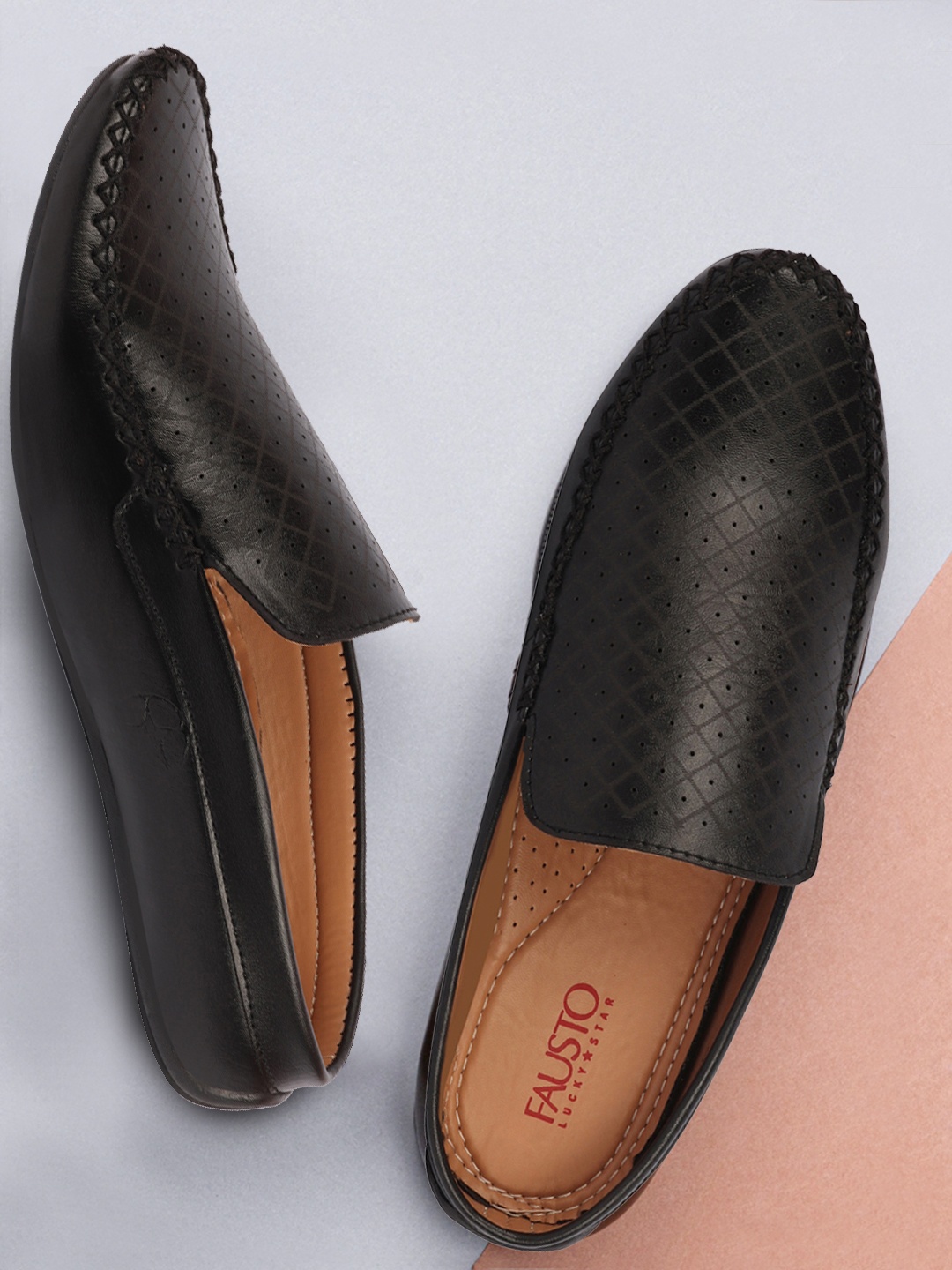

FAUSTO Men Black Textured Stitched Block Design Pattern Back Open Loafers