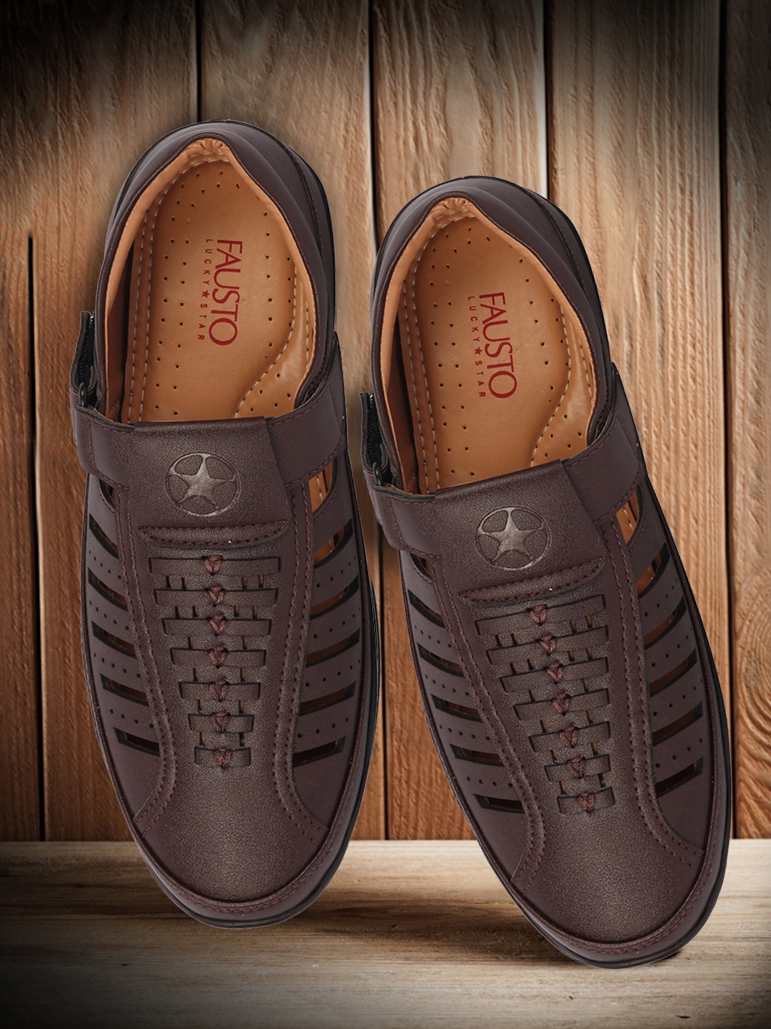 

FAUSTO Men Brown & Black PU Shoe-Style Sandals
