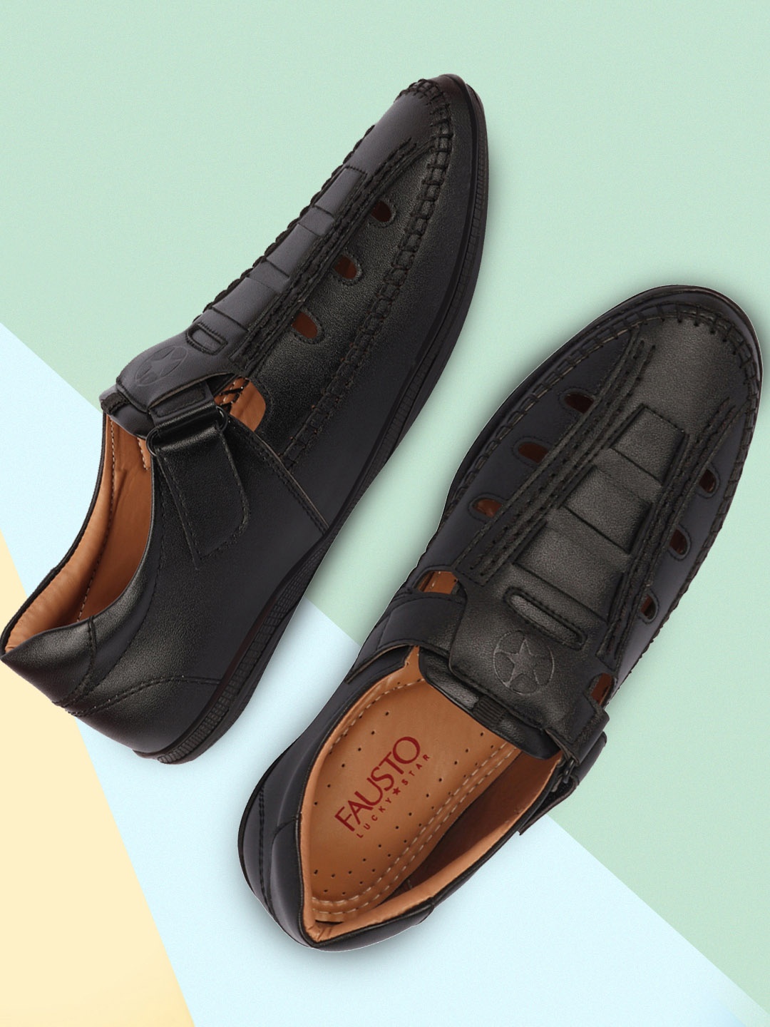 

FAUSTO Men Black & Brown PU Shoe-Style Sandals