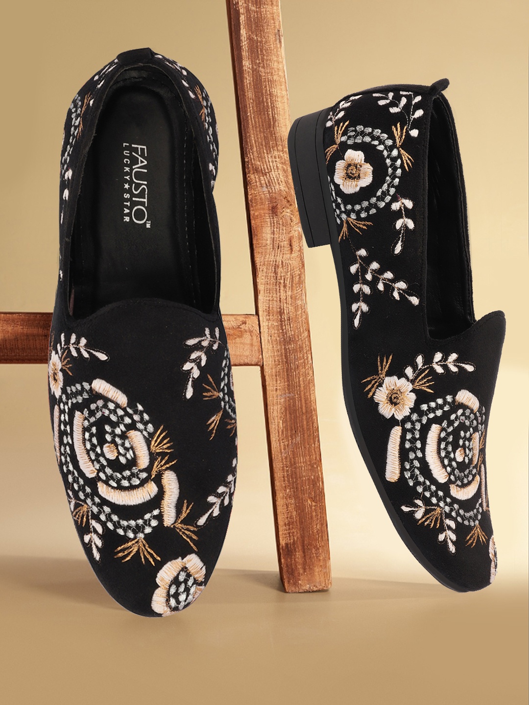 

FAUSTO Men's White Embroidery Floral Print Velvet Party Slip On Loafers Shoes