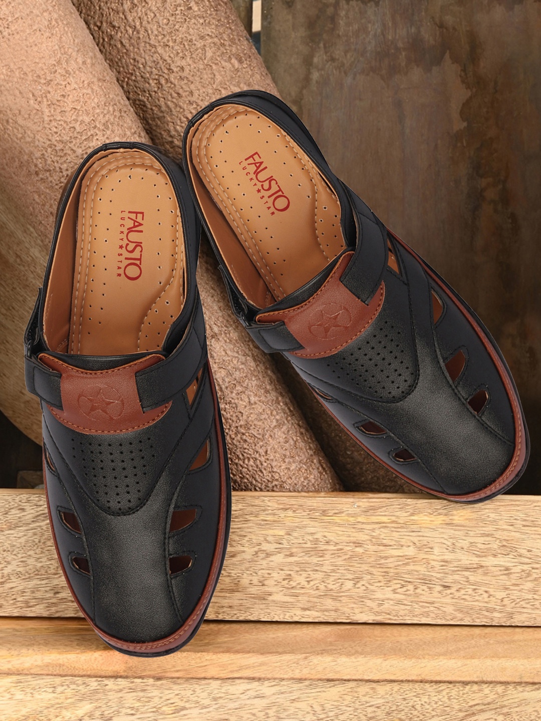 

FAUSTO Men Black & Brown PU Shoe-Style Sandals