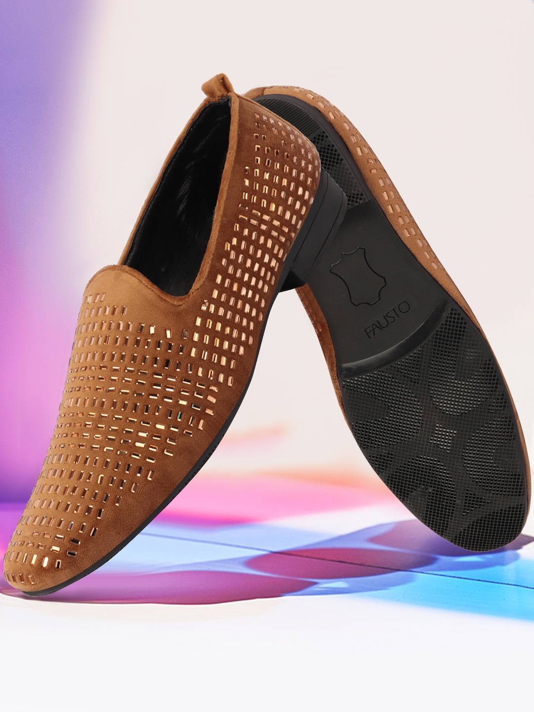 

FAUSTO Men Tan Embellished Design Velvet Loafers