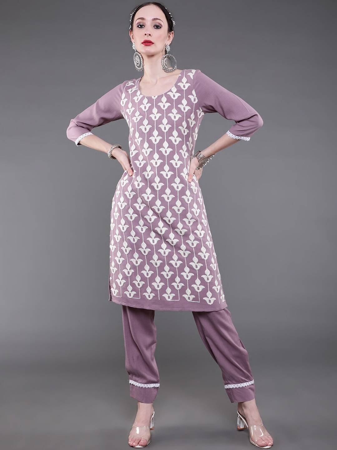 

saubhagya Women Mauve Floral Printed Kurti with Palazzos