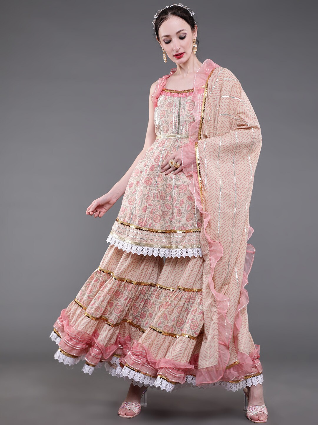 

saubhagya Women Cream-Coloured Ethnic Motifs Printed Gotta Patti Pure Cotton Kurta with Skirt & With Dupatta