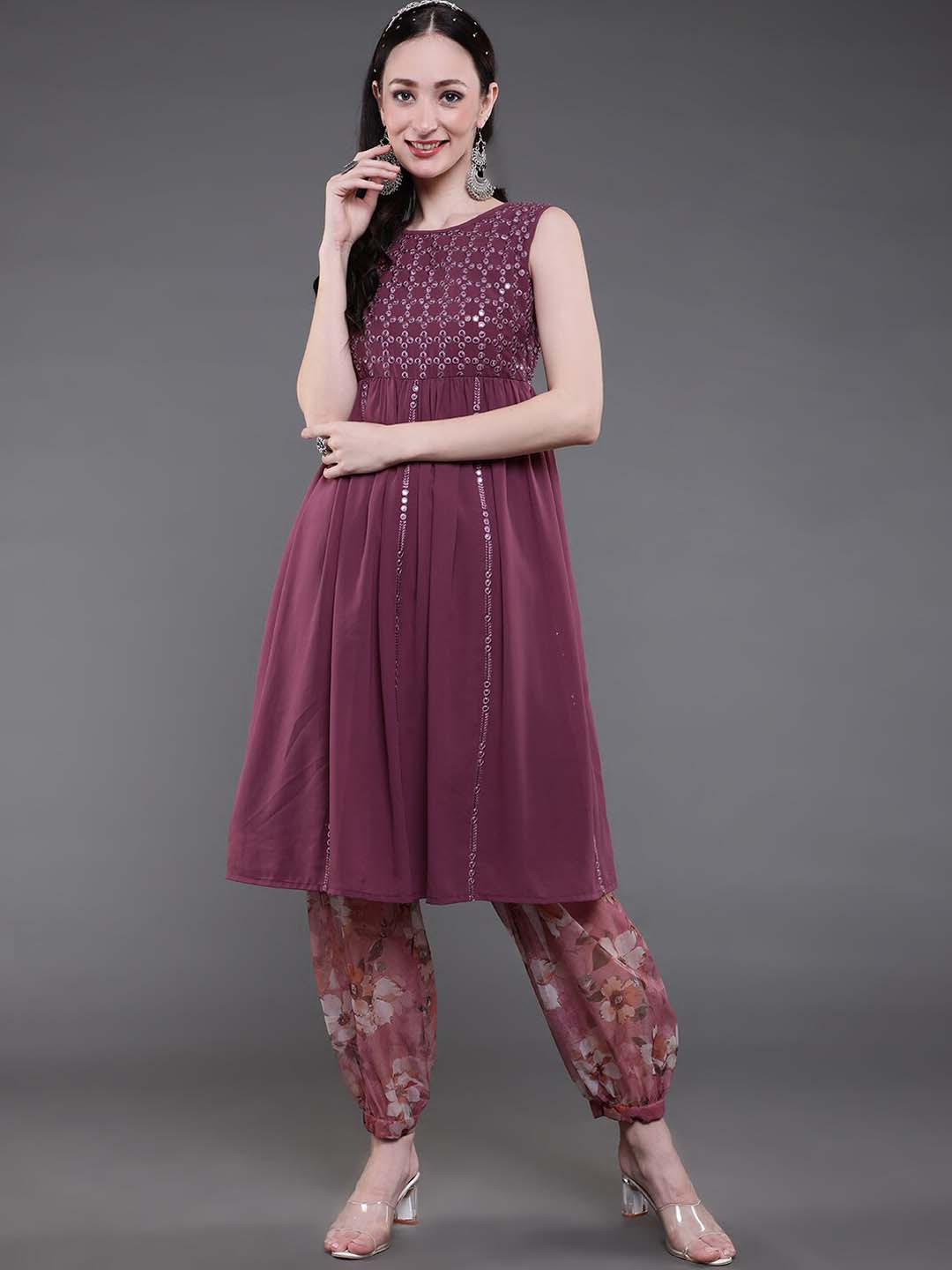 

saubhagya Women Burgundy Floral Yoke Design Pleated Kurta with Dhoti Pants