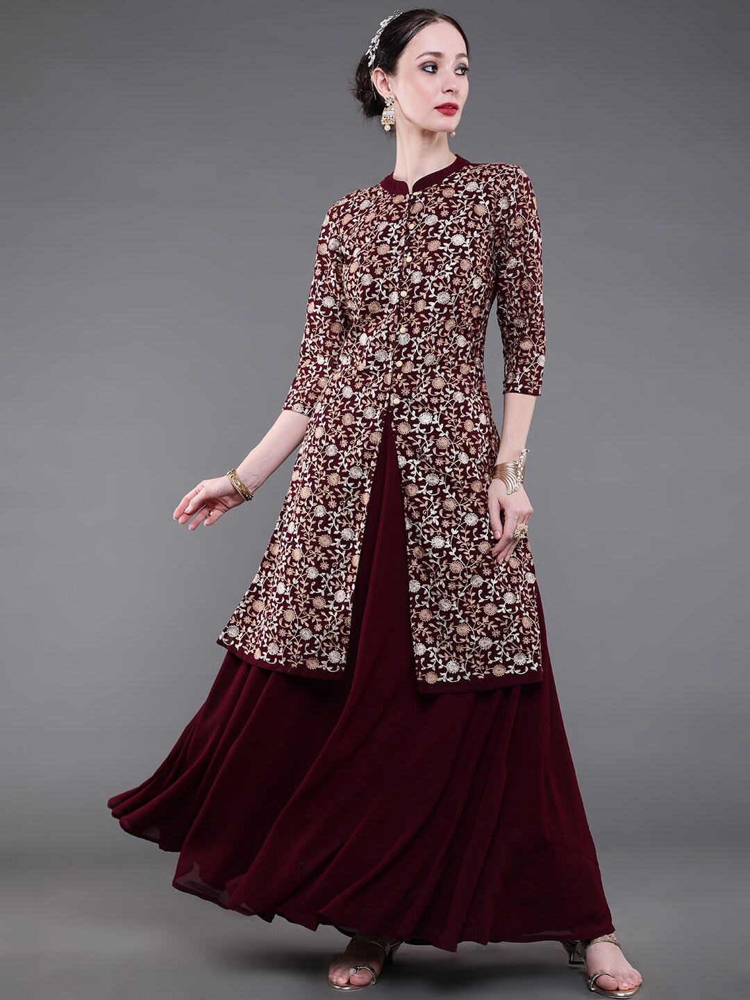 

saubhagya Women Maroon Floral Embroidered High Slit Kurta with Skirt
