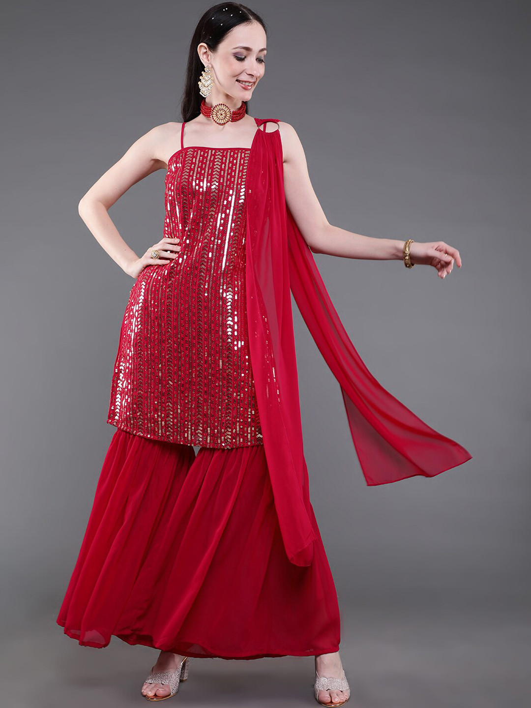

saubhagya Women Red Sequins Embellished Kurti With Sharara And Dupatta