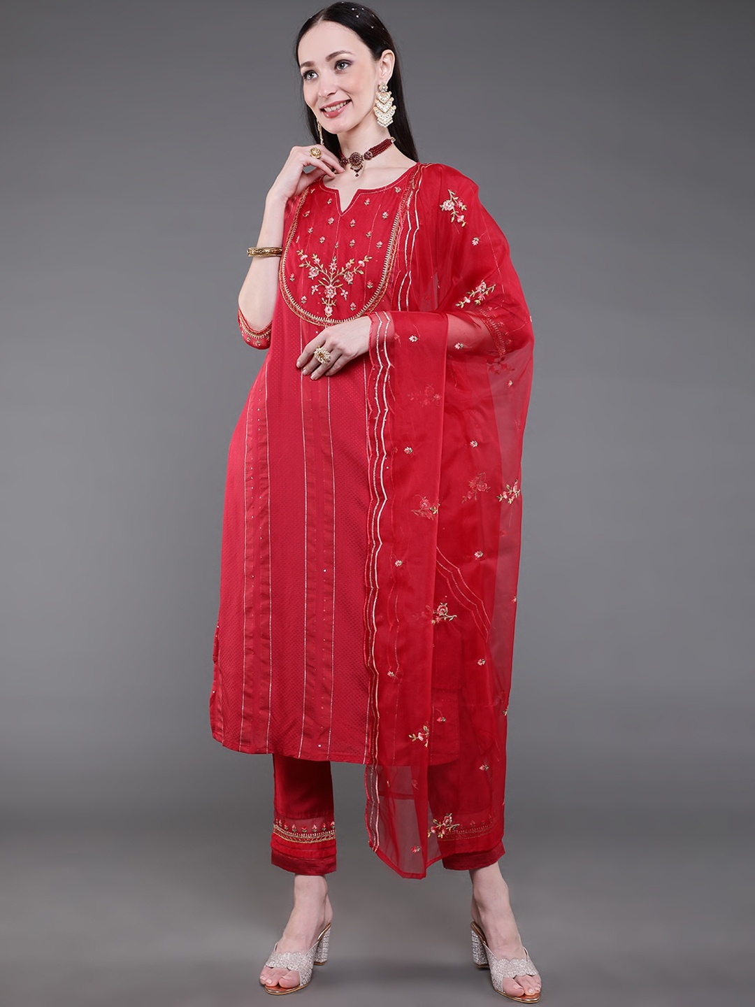 

saubhagya Women Red Floral Embroidered Empire Kurta with Trousers & With Dupatta