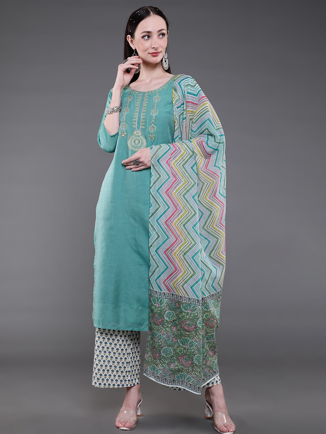 

saubhagya Women Green Floral Embroidered Kurta with Palazzos & With Dupatta