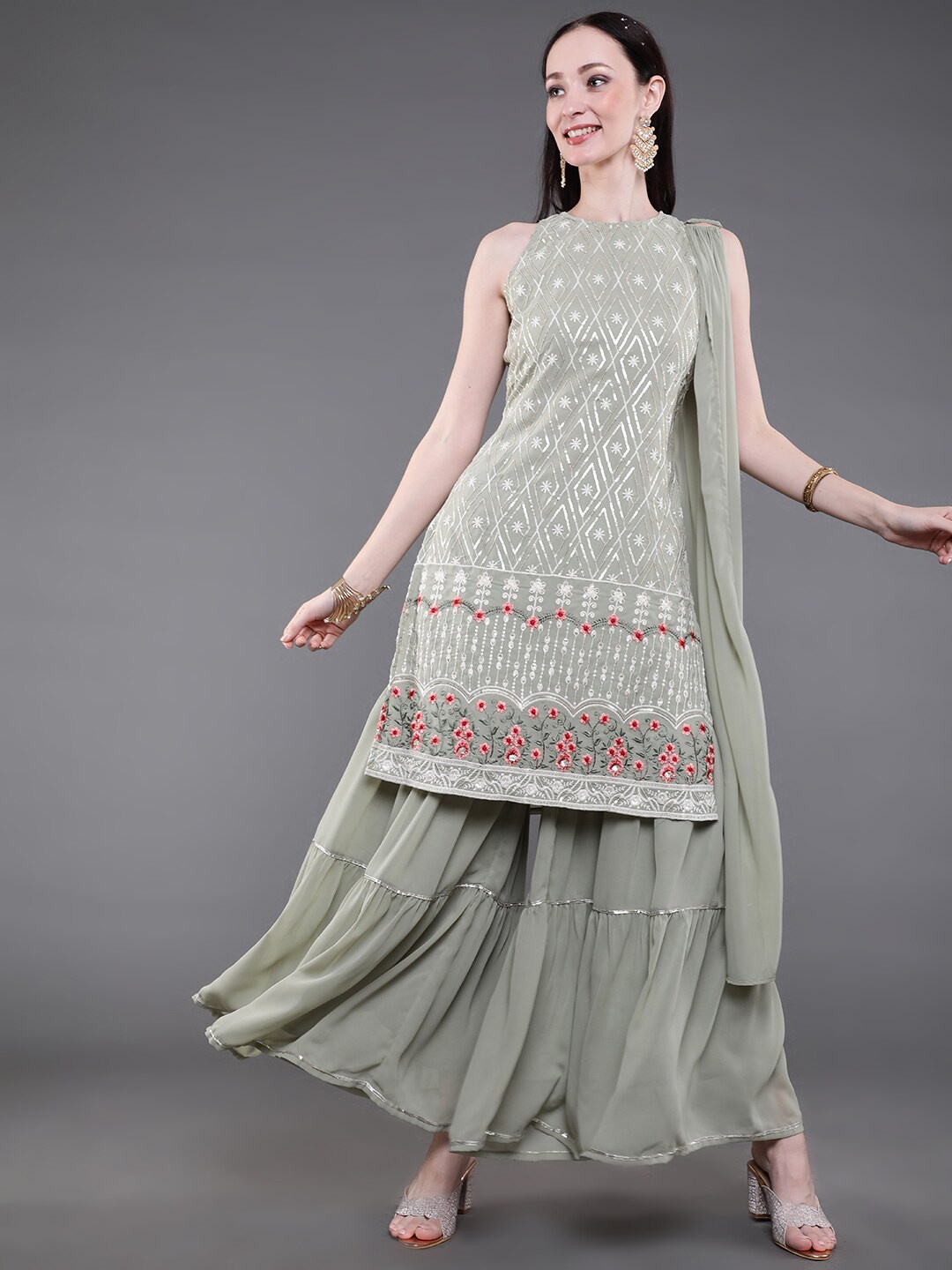 

Saubhagya Women Green Floral Embroidered Kurti with Sharara & With Dupatta