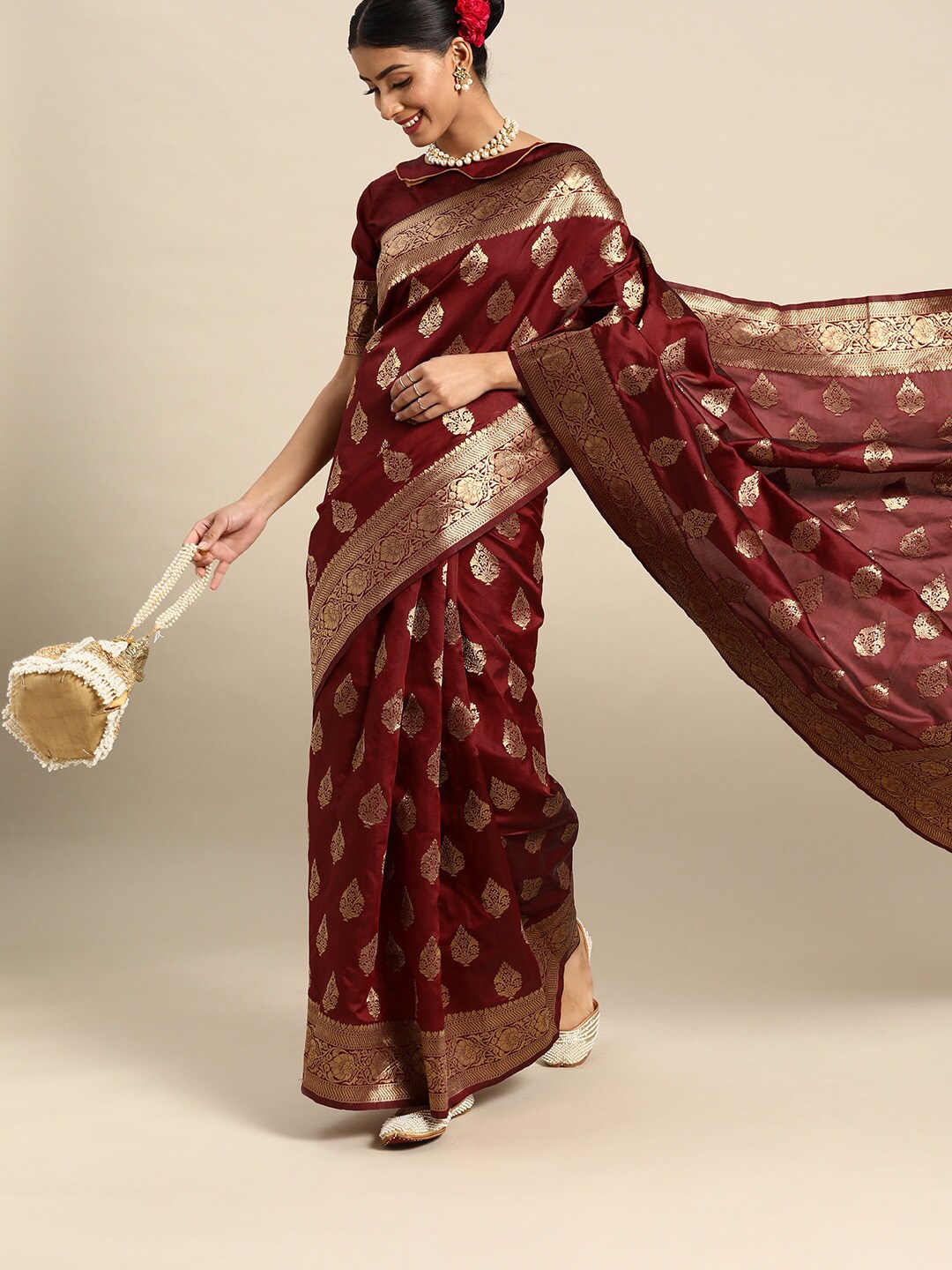 

Anouk Maroon & Gold-Toned Woven Design Zari Silk Blend Banarasi Saree