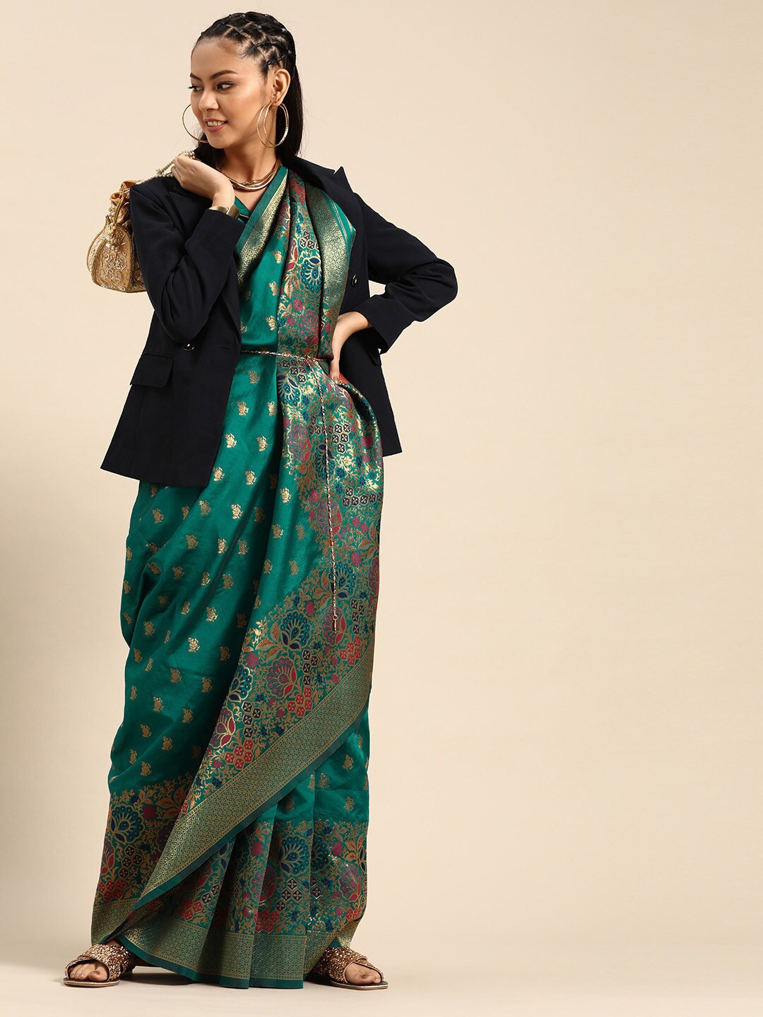 

Anouk Green & Gold-Toned Ethnic Motifs Zari Pure Silk Banarasi Saree