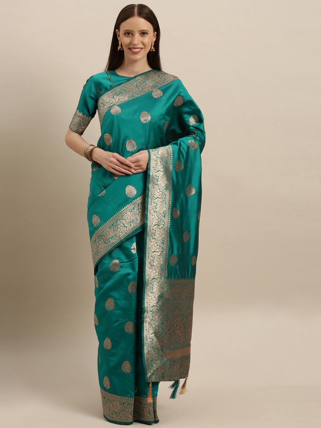 

Anouk Teal & Gold-Toned Floral Zari Silk Blend Banarasi Saree