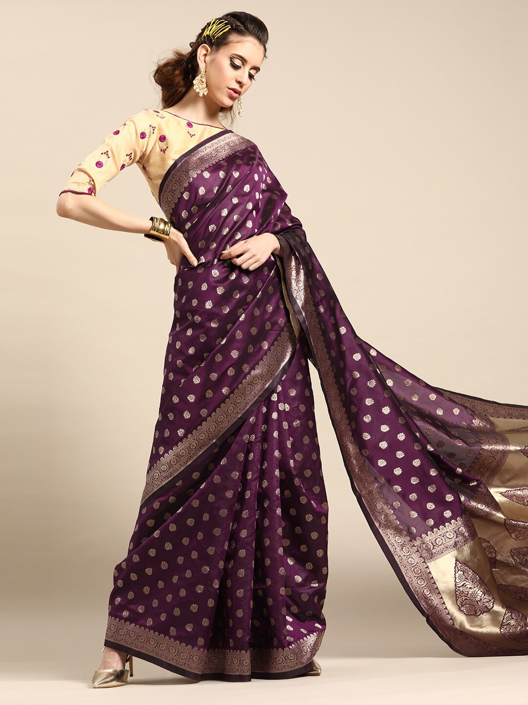 

Anouk Purple & Gold-Toned Woven Design Silk Blend Saree