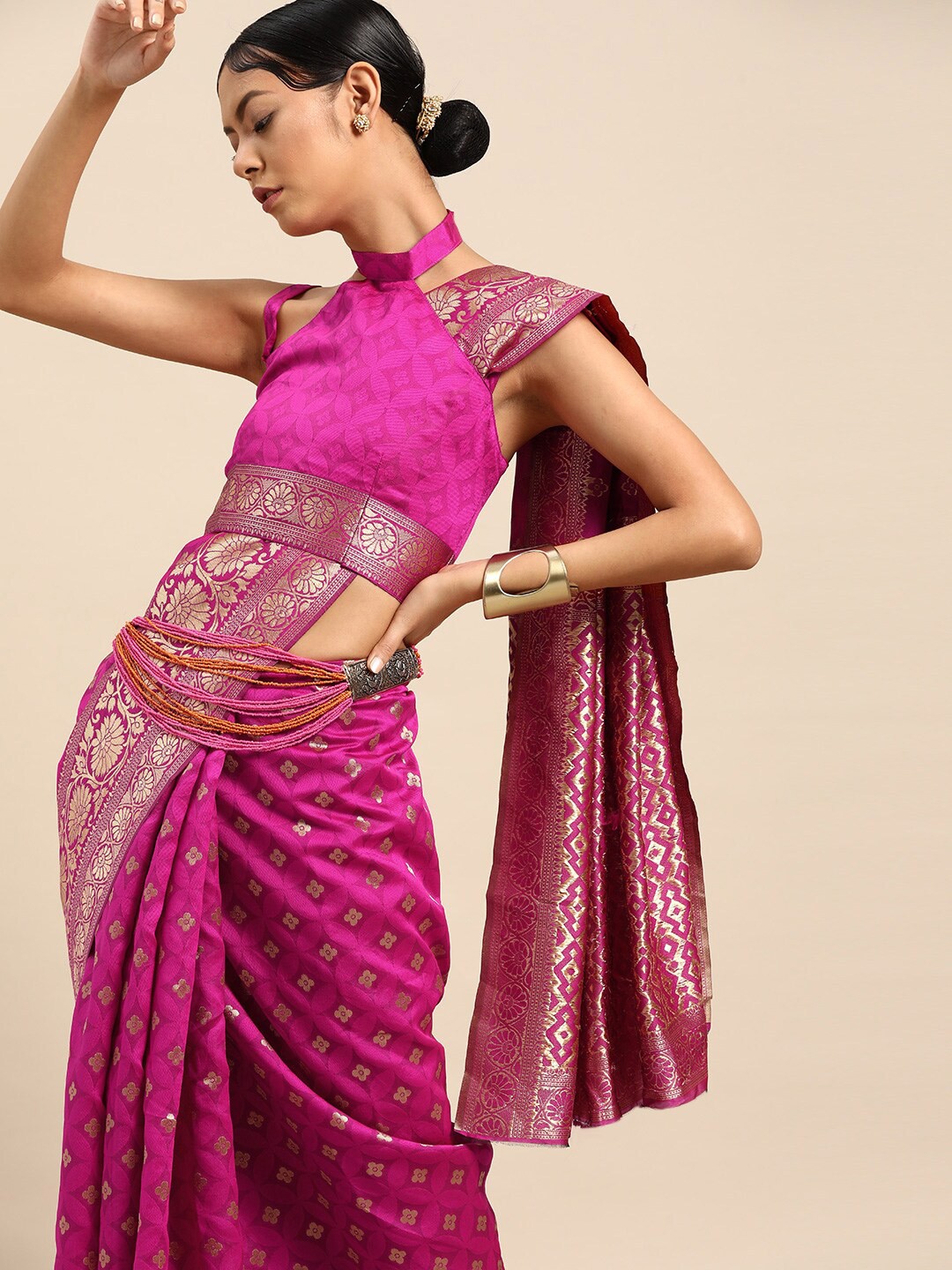 

Anouk Pink & Gold-Toned Zari Silk Blend Banarasi Saree