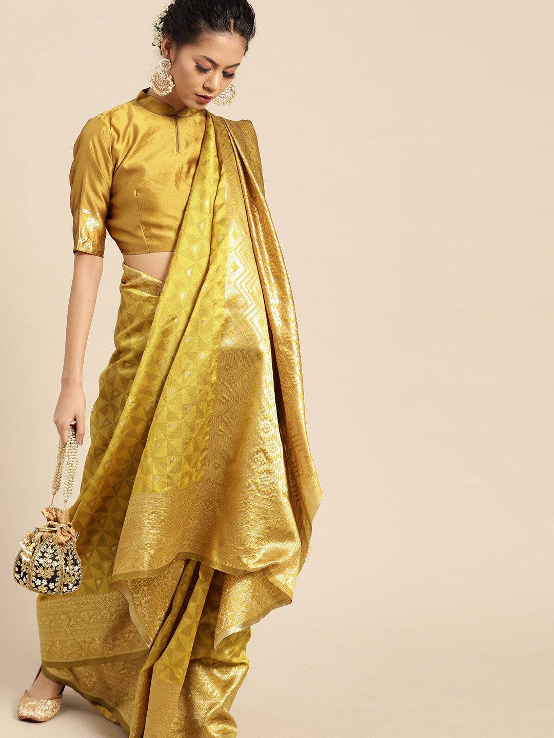 

Anouk Yellow & Gold-Toned Woven Design Zari Silk Blend Banarasi Saree