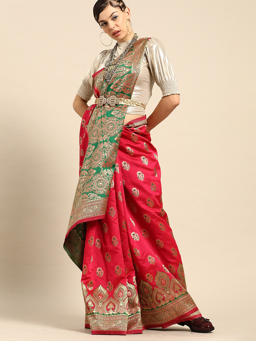 

Anouk Pink & Green Woven Design Zari Silk Blend Saree