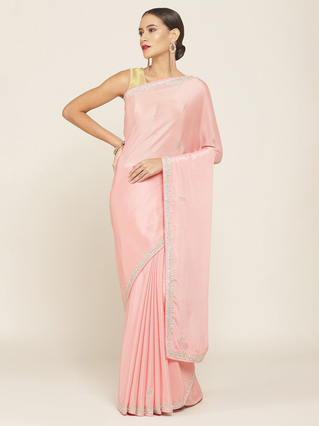 

Soch Pink & Silver-Toned Ethnic Motifs Beads & Stones Pure Chiffon Saree