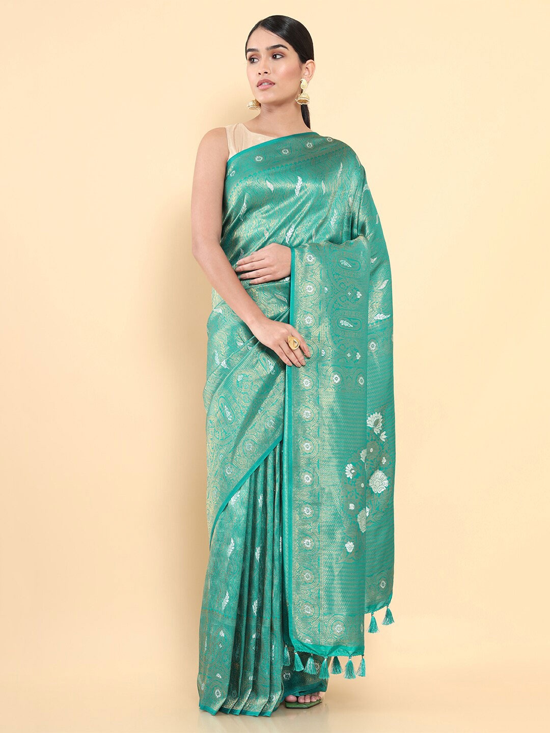 

Soch Teal & Gold-Toned Woven Design Zari Pure Silk Tussar Saree
