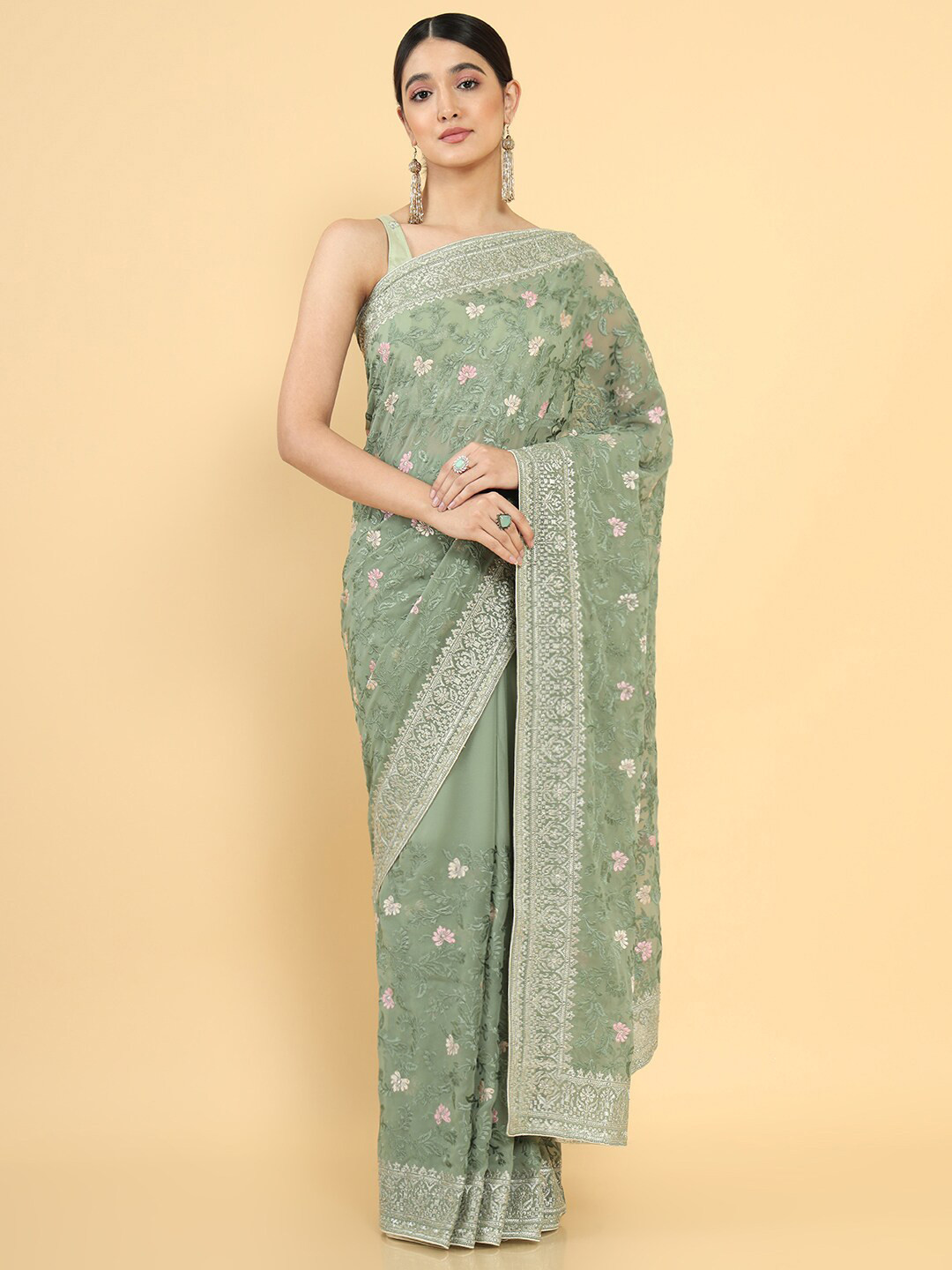 

Soch Green & Pink Floral Embroidered Pure Georgette Saree