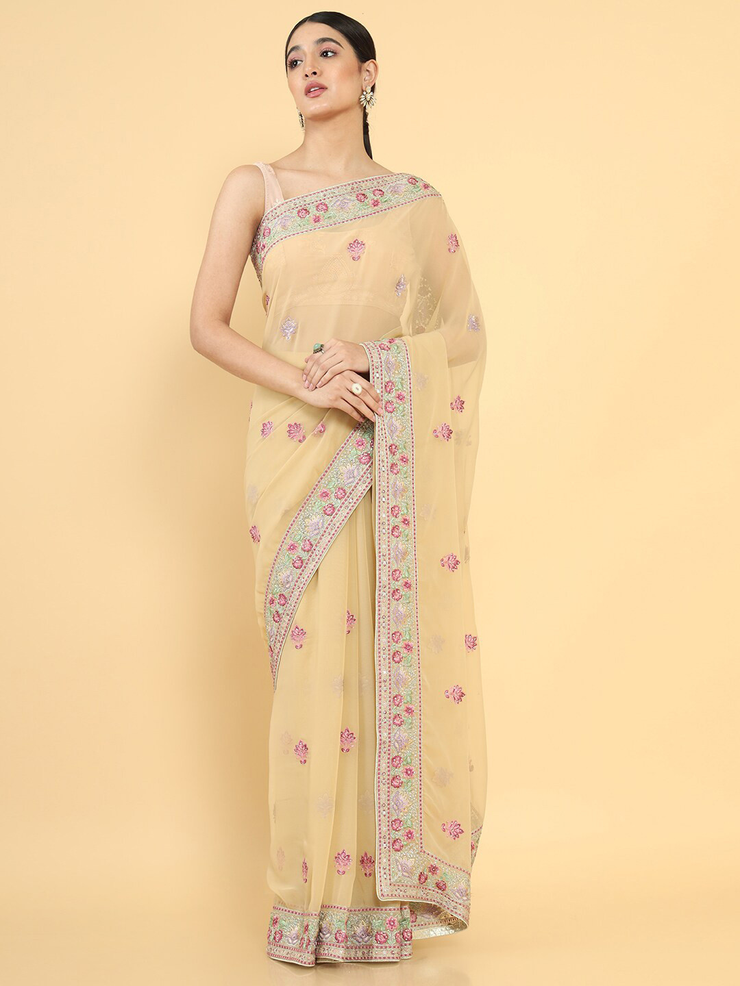 

Soch Beige & Pink Floral Embroidered Pure Georgette Saree